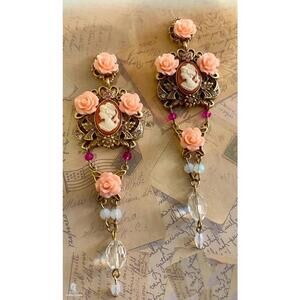 Victorian Style Cameo Rose Drop Earrings Peach Floral Crystal Statement